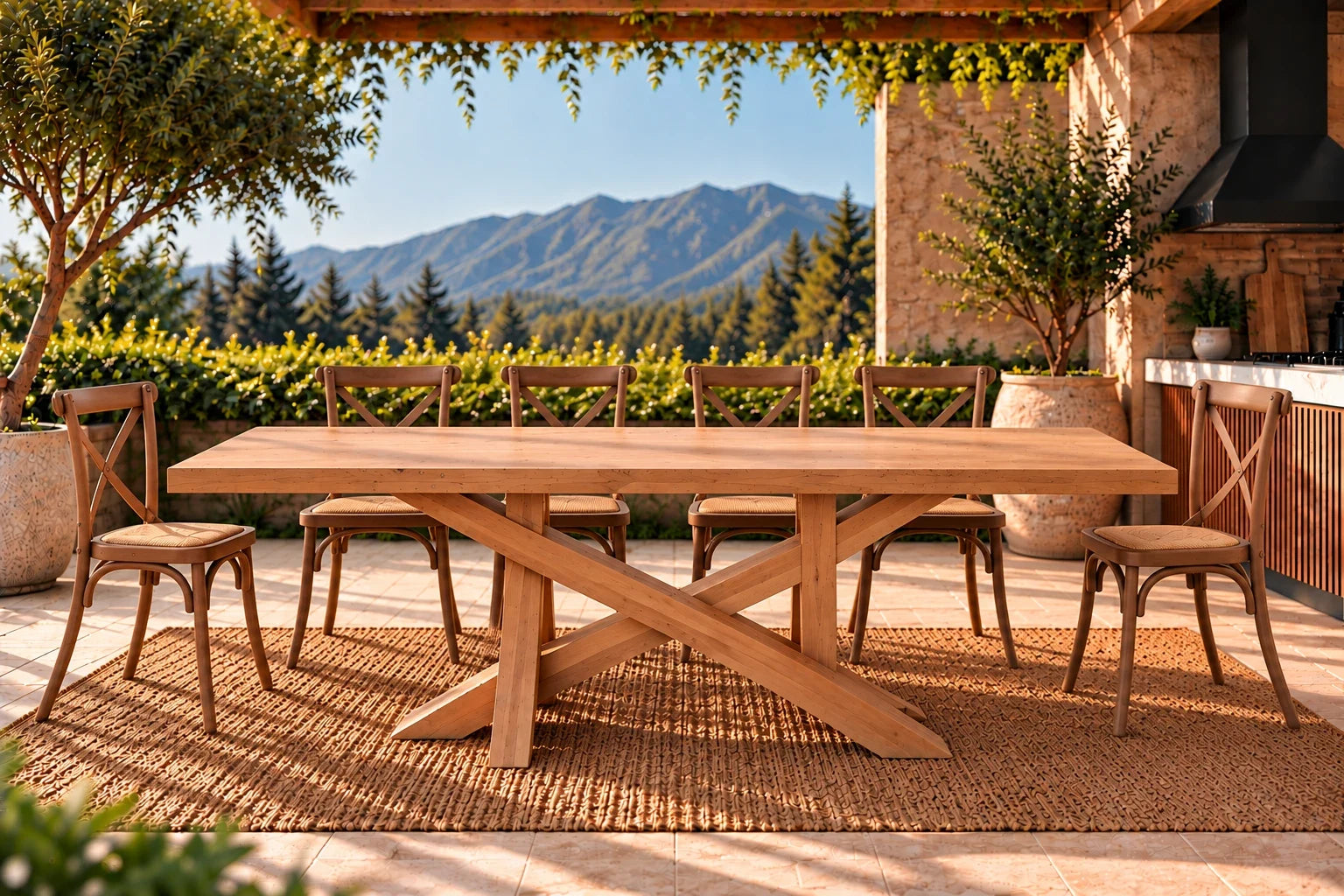 Comedor de terraza Da Vinci en lenga natural con 10 sillas Cruzeta café – imagen referencial